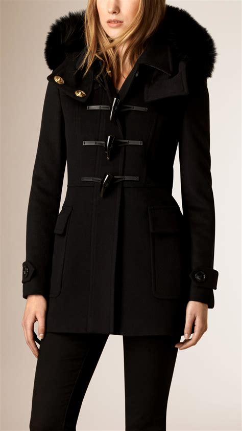 burberry fox fur trim coat|Burberry duffle coat.